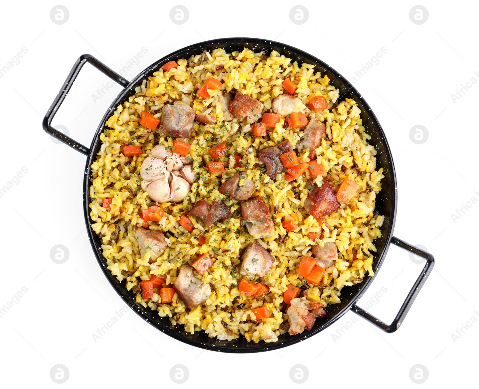 Photo of Delicious pilaf with meat, carrot and garlic isolated on white, top view