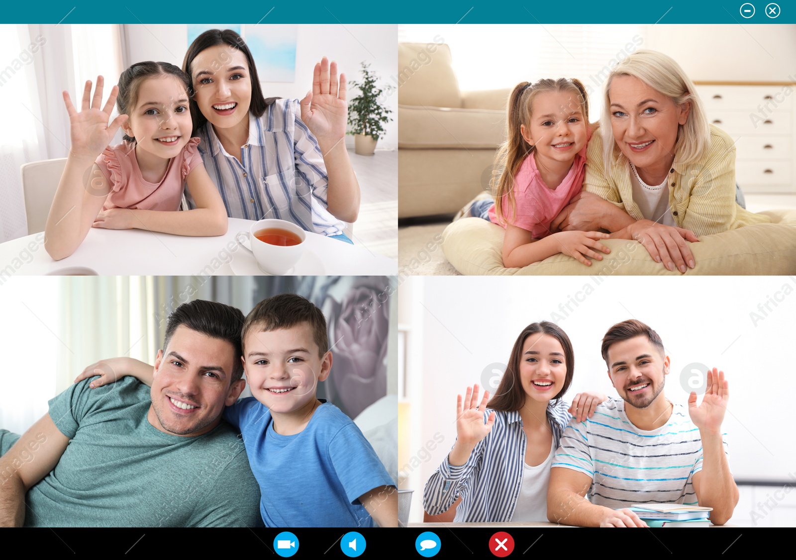 Image of Happy family members having online meeting via videocall application