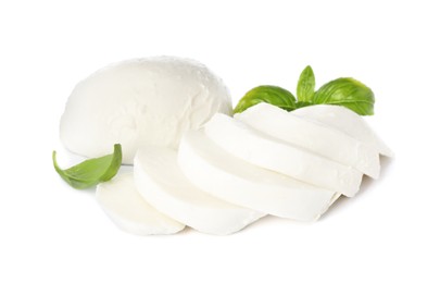 Photo of Delicious mozzarella cheese slices and basil on white background