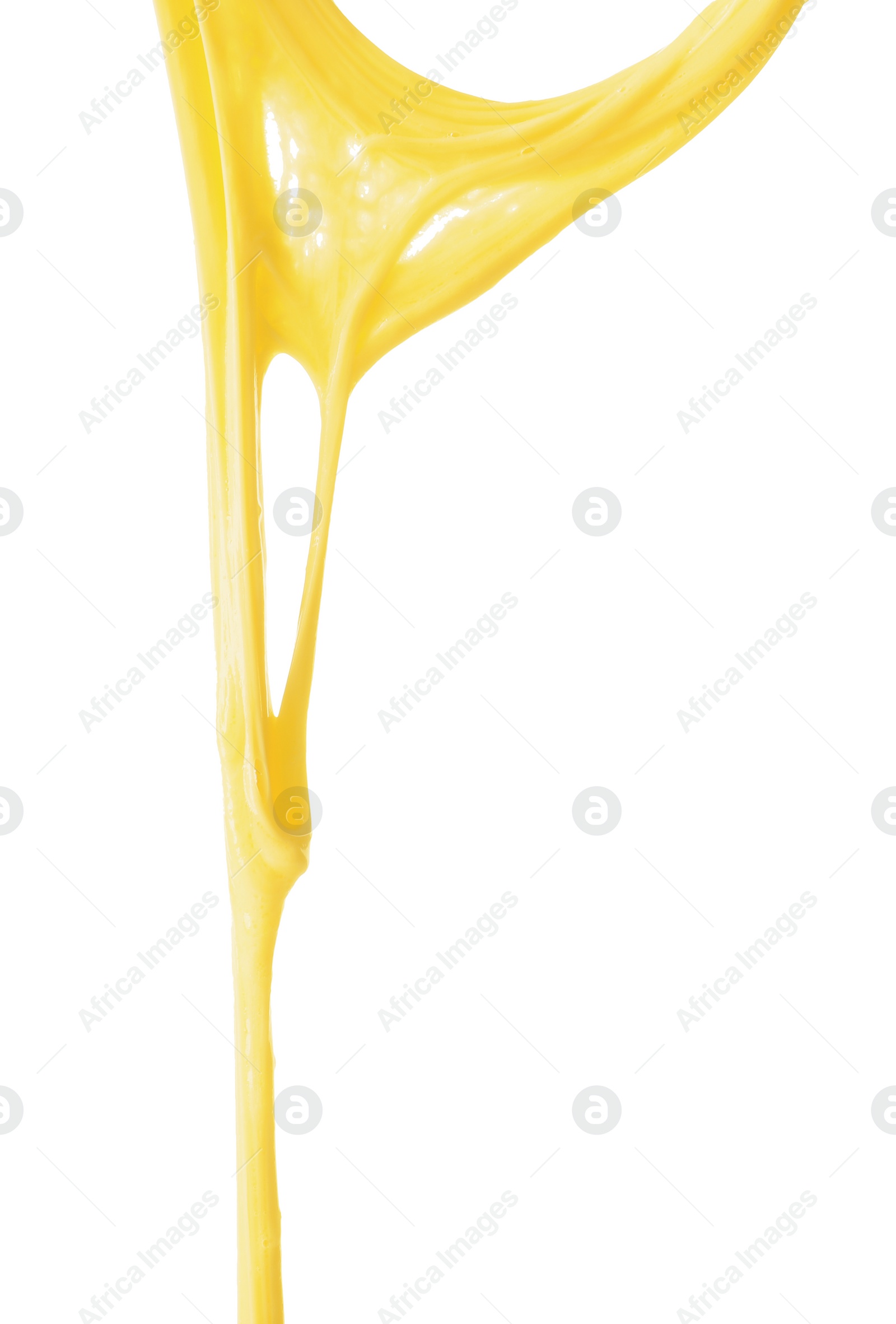 Photo of Stretching delicious melted cheese isolated on white