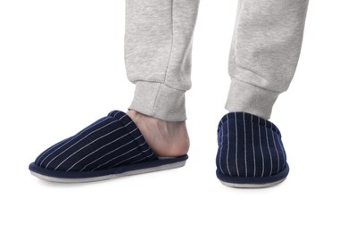 Photo of Man in soft slippers on white background, closeup