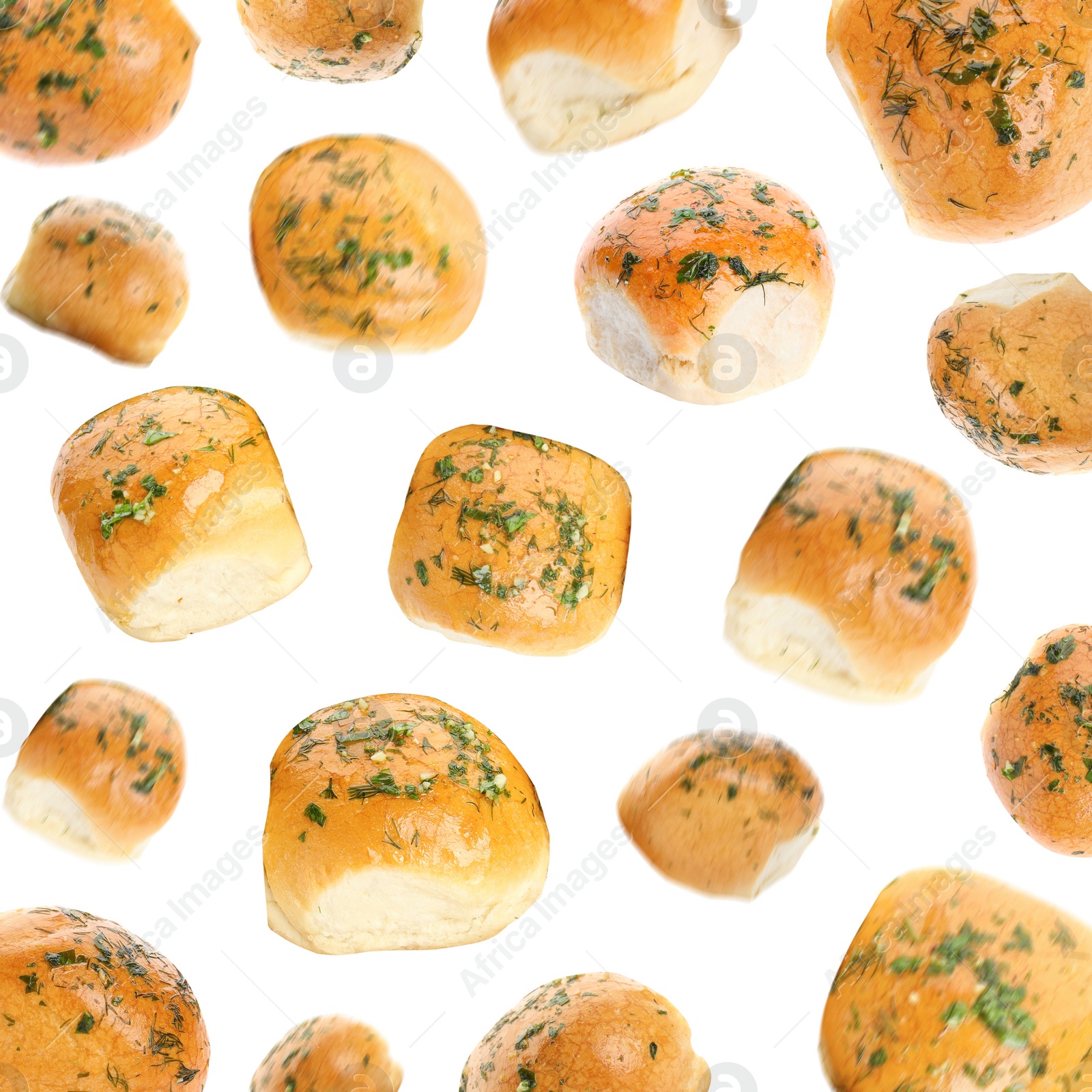 Image of Traditional Ukrainian buns (Pampushky) falling on white background