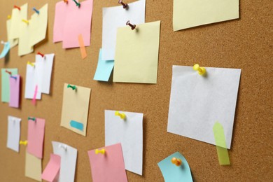 Colorful paper notes pinned to cork board
