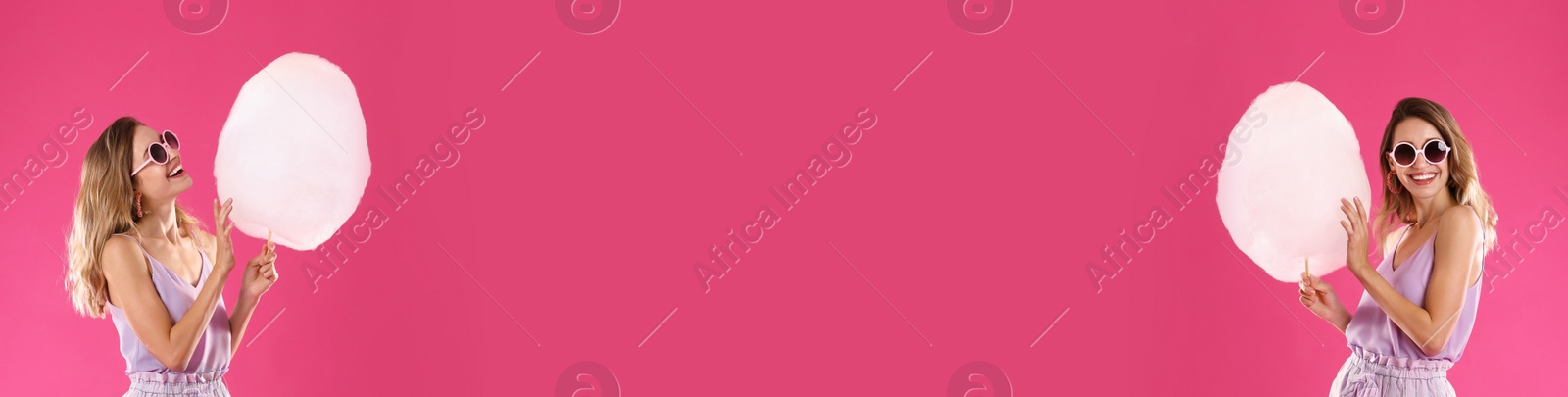 Image of Collage with photos of young woman holding cotton candy on bright pink background, space for text. Banner design
