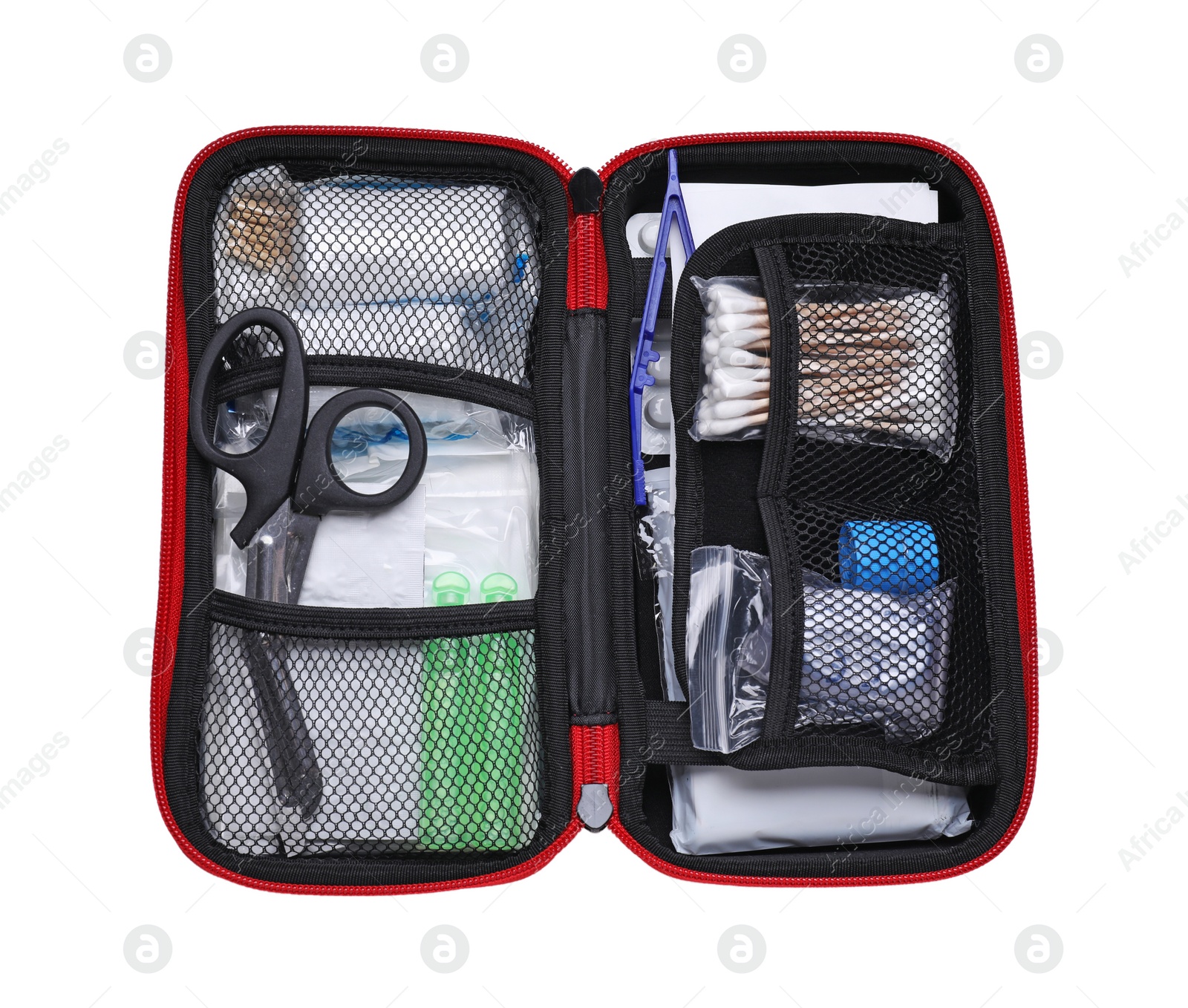 Photo of First aid kit with scissors, cotton buds and elastic bandage isolated on white, top view