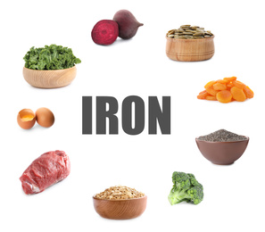 Image of Set with fresh products rich in iron on white background 