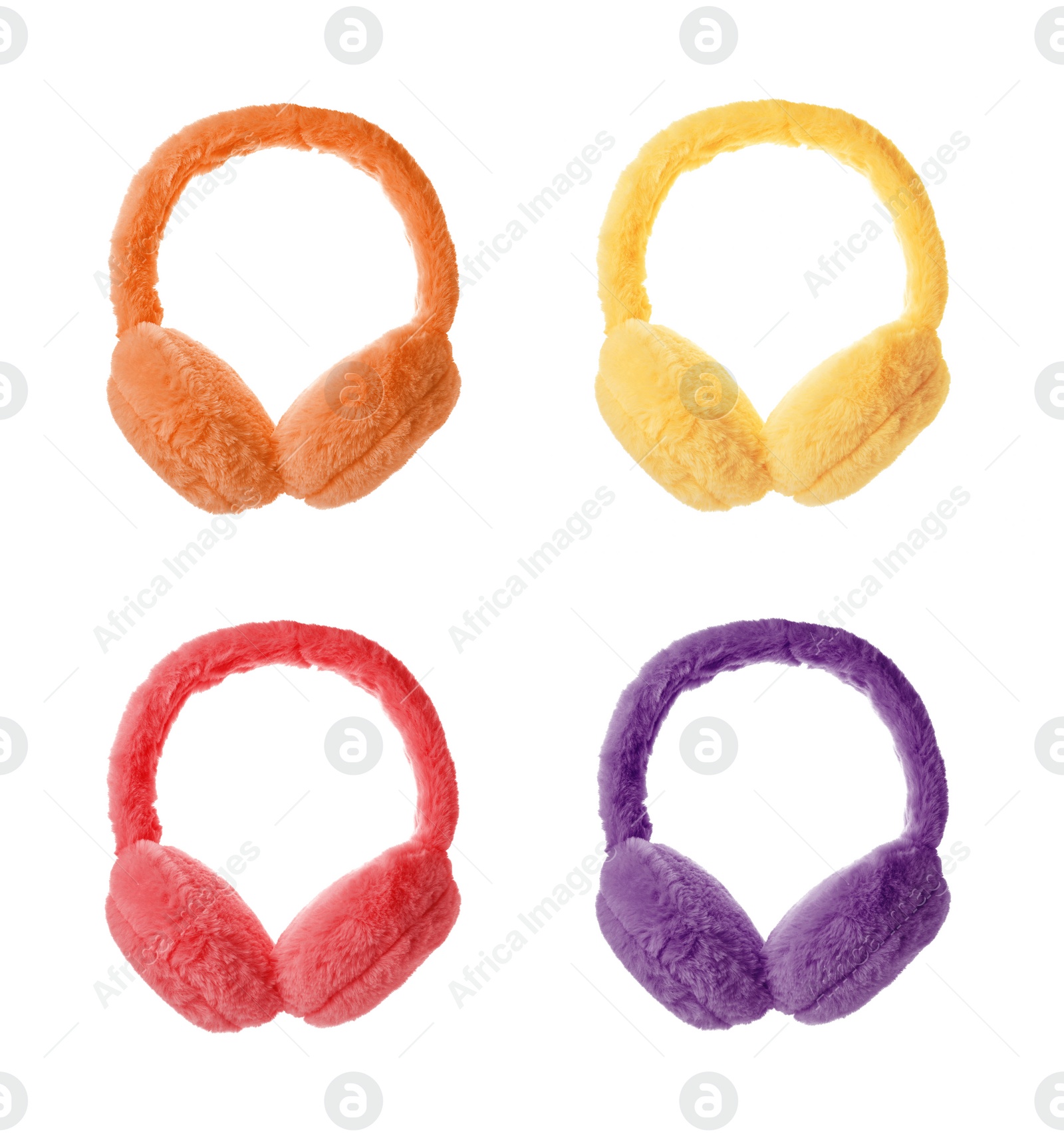 Image of Set with different colorful soft earmuffs on white background