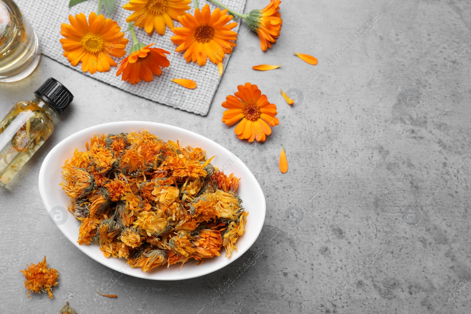 Photo of Dry and fresh calendula flowers with tincture on light grey table, flat lay. Space for text