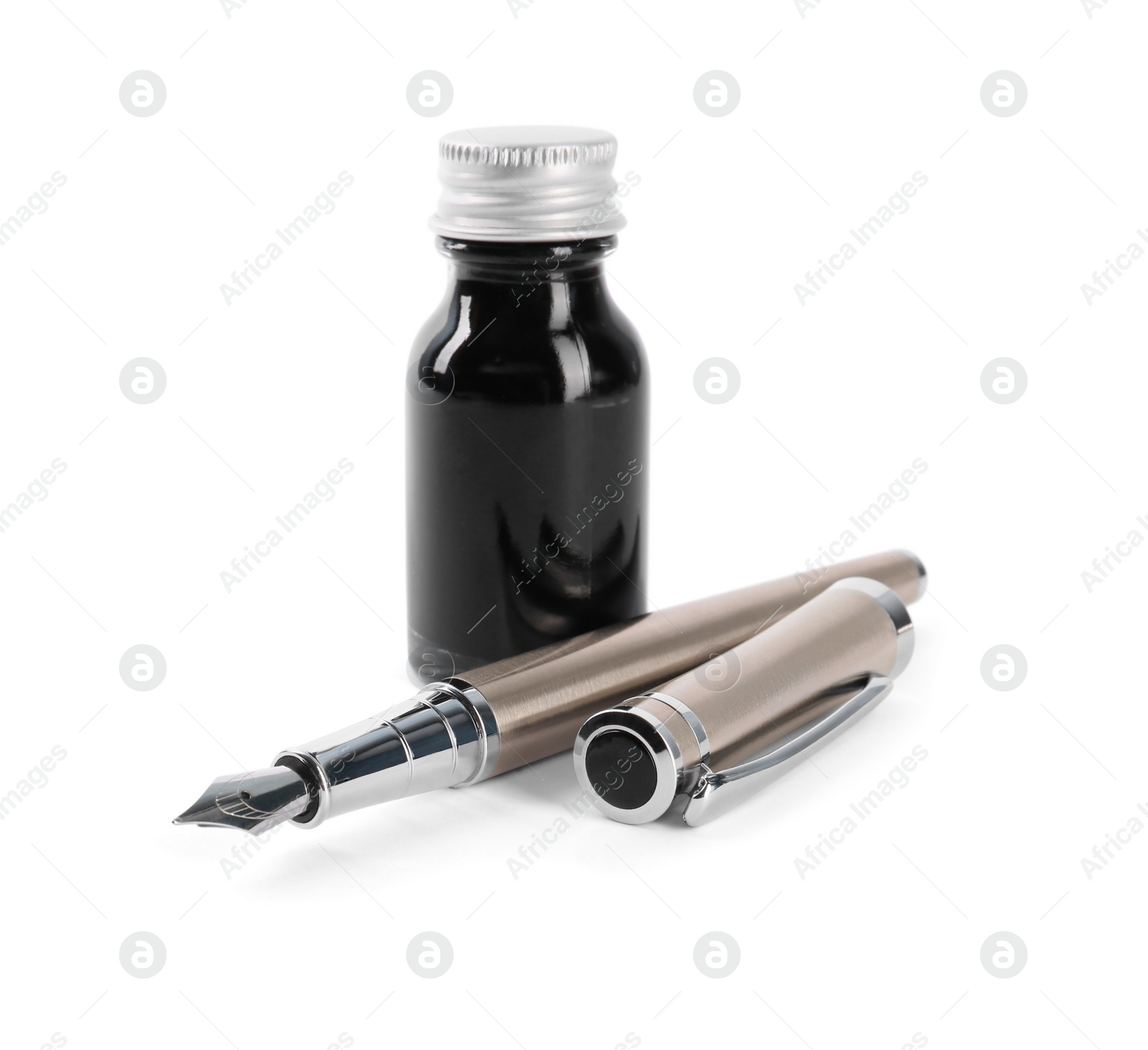 Photo of Stylish silver fountain pen and inkwell isolated on white