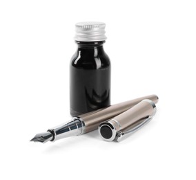 Photo of Stylish silver fountain pen and inkwell isolated on white