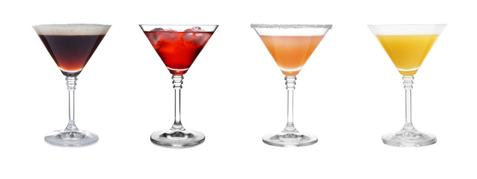 Image of Set with different martini cocktails on white background, banner design 