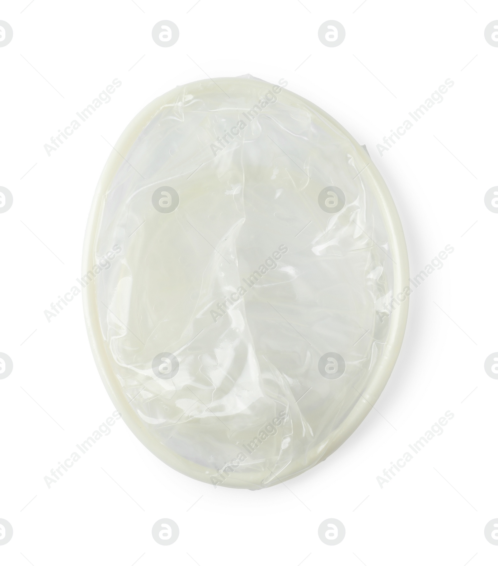 Photo of Female condom isolated on white, top view. Safe sex