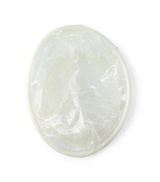 Female condom isolated on white, top view. Safe sex