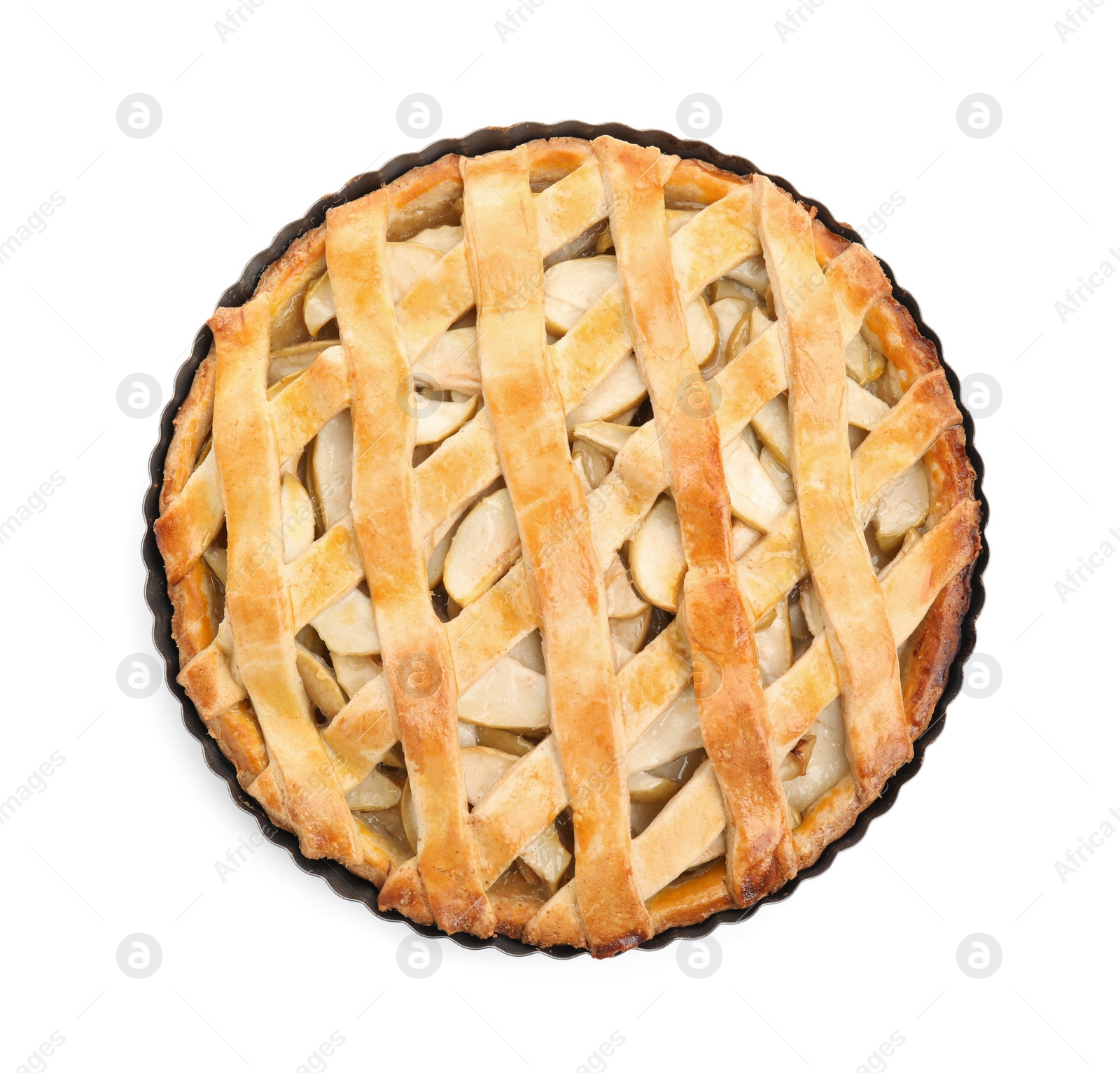 Photo of Delicious traditional apple pie isolated on white, top view