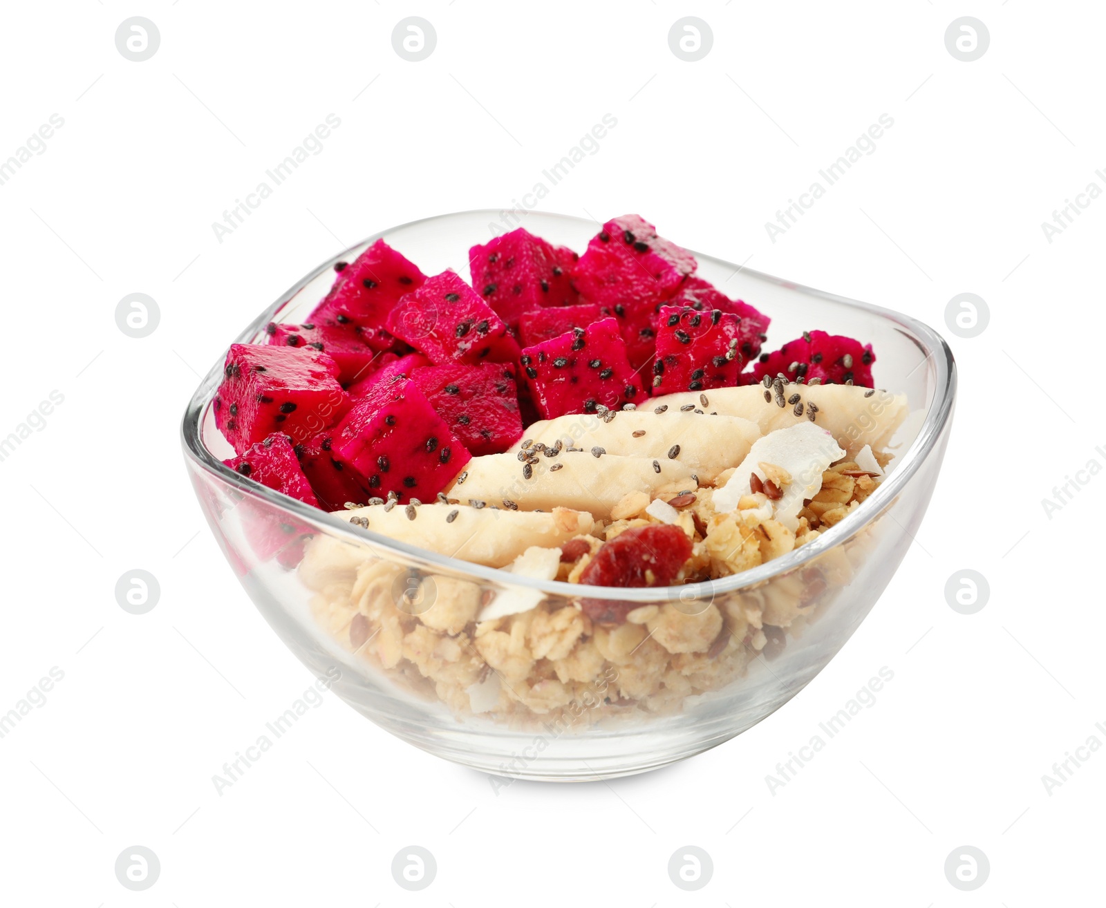 Photo of Bowl of granola with pitahaya and banana isolated on white