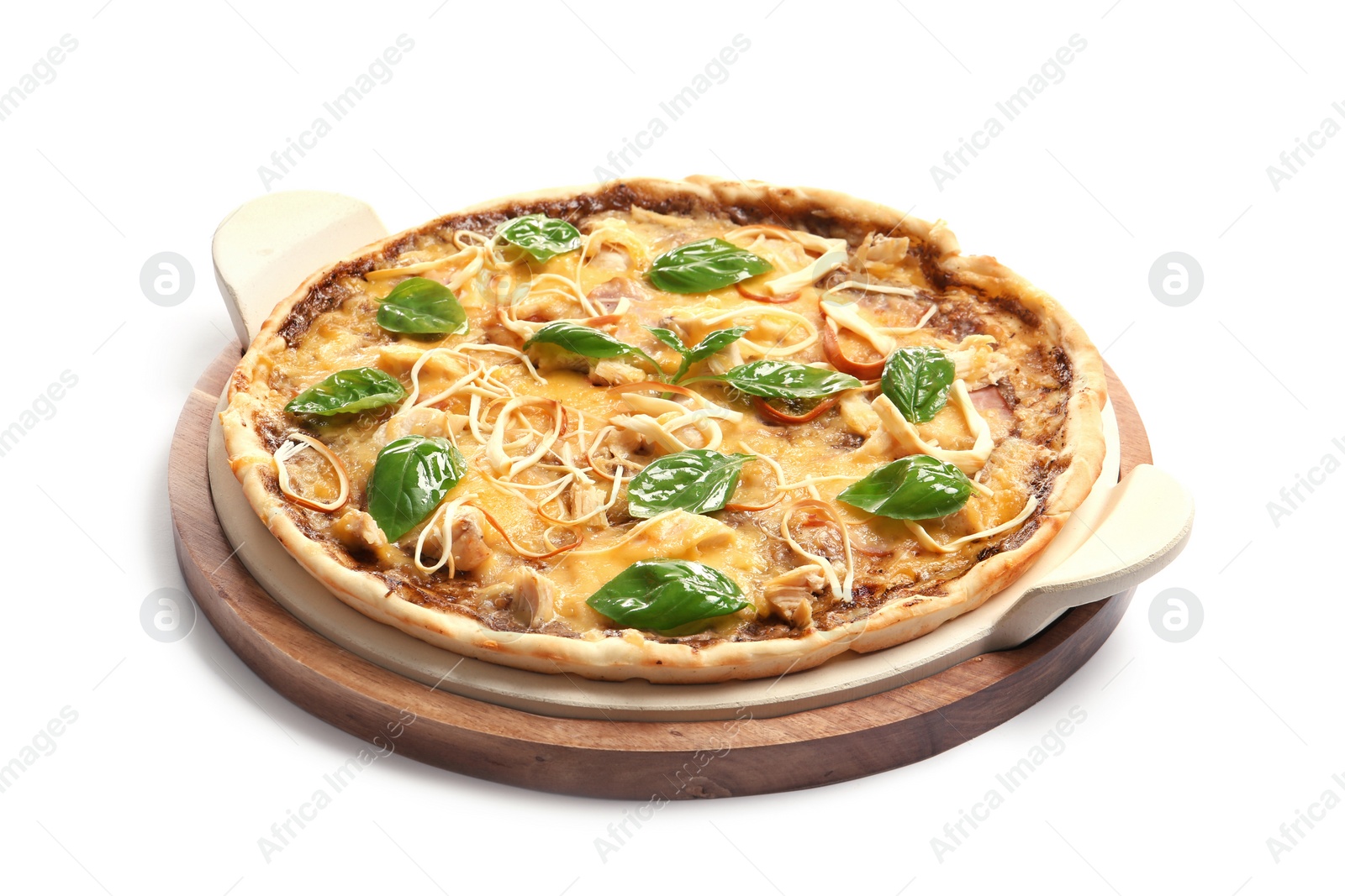 Photo of Wooden board with delicious homemade pizza on white background