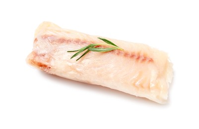 Photo of Piece of raw cod fish and rosemary isolated on white, above view