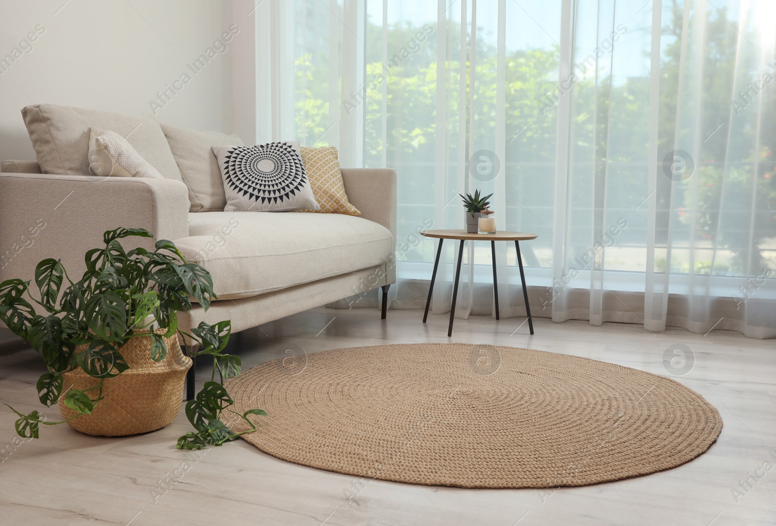 Photo of Living room interior with comfortable sofa and stylish round rug