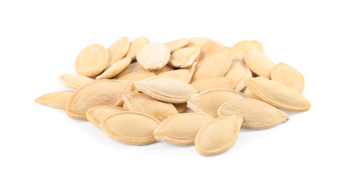 Photo of Pile of raw pumpkin seeds on white background