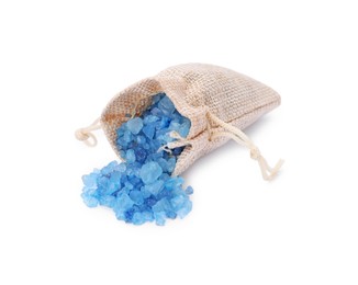 Photo of Bag with blue sea salt isolated on white