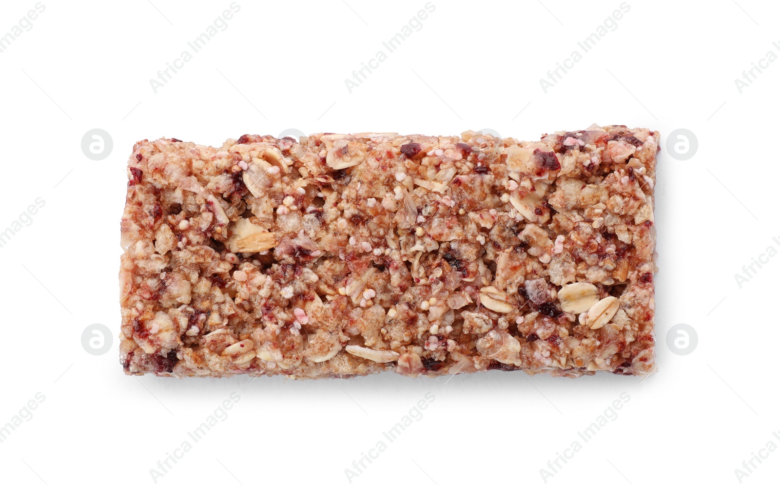 Photo of Tasty protein bar on white background, top view