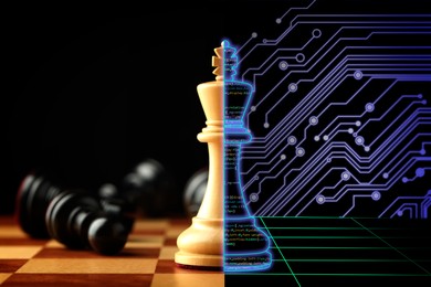 Image of One half of chess piece standing on chessboard, and other one filled with programming code standing on digital board against circuit board pattern