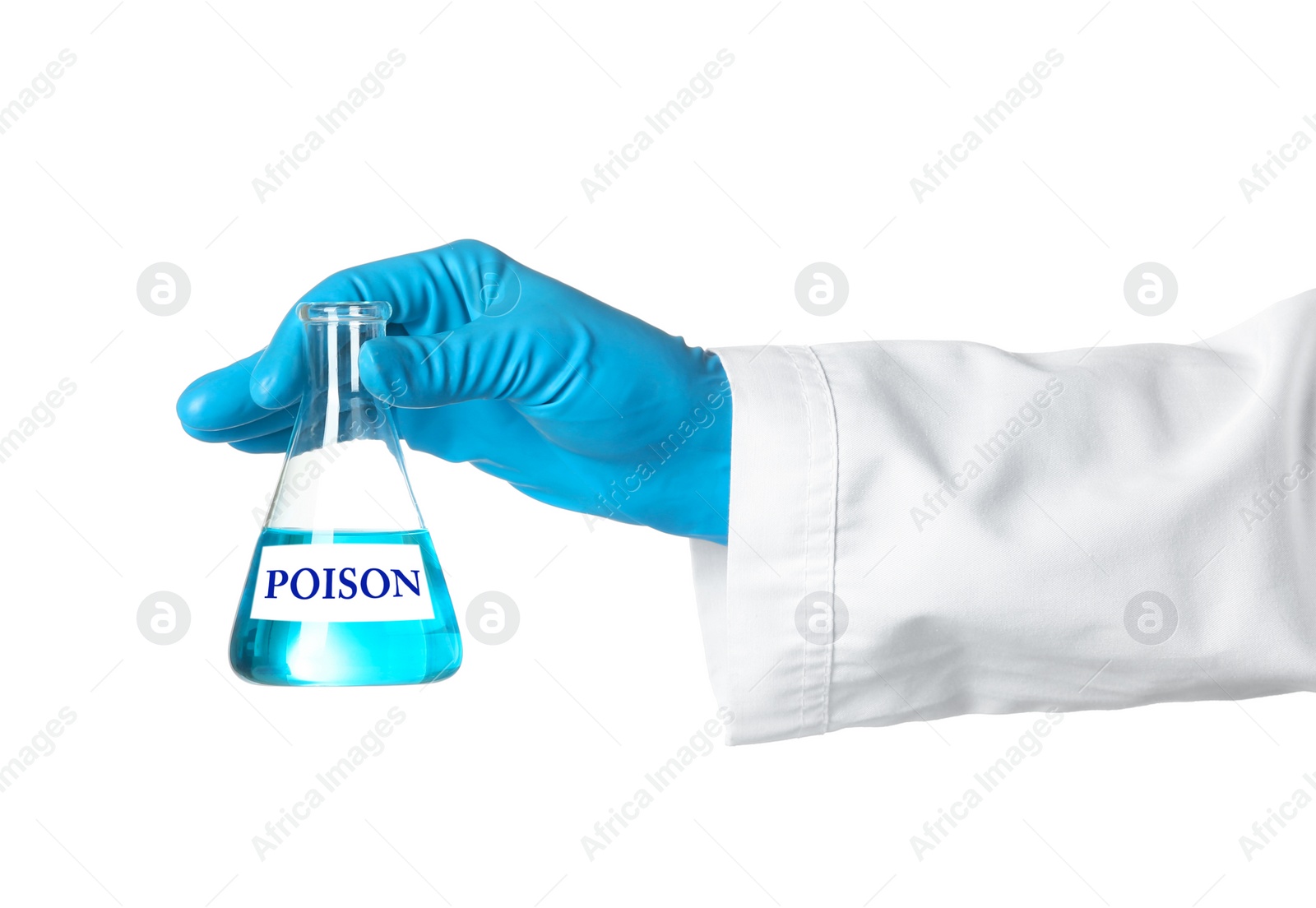 Image of Scientist holding flask with poison on white background, closeup