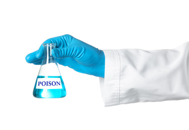 Image of Scientist holding flask with poison on white background, closeup