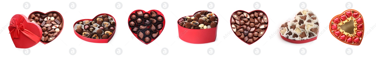 Image of Many heart shaped boxes with tasty chocolate candies on white background, collage design