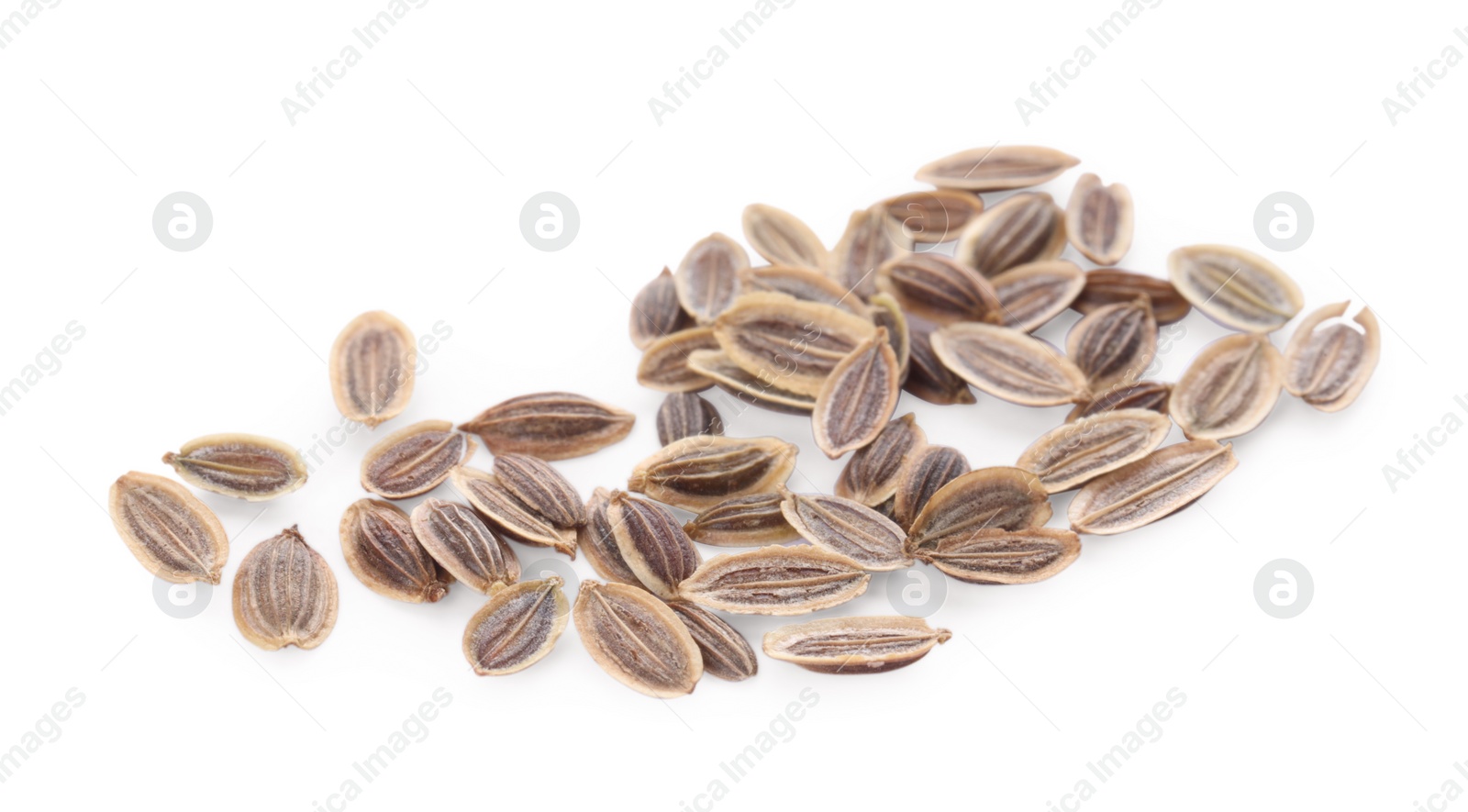 Photo of Many dry dill seeds isolated on white