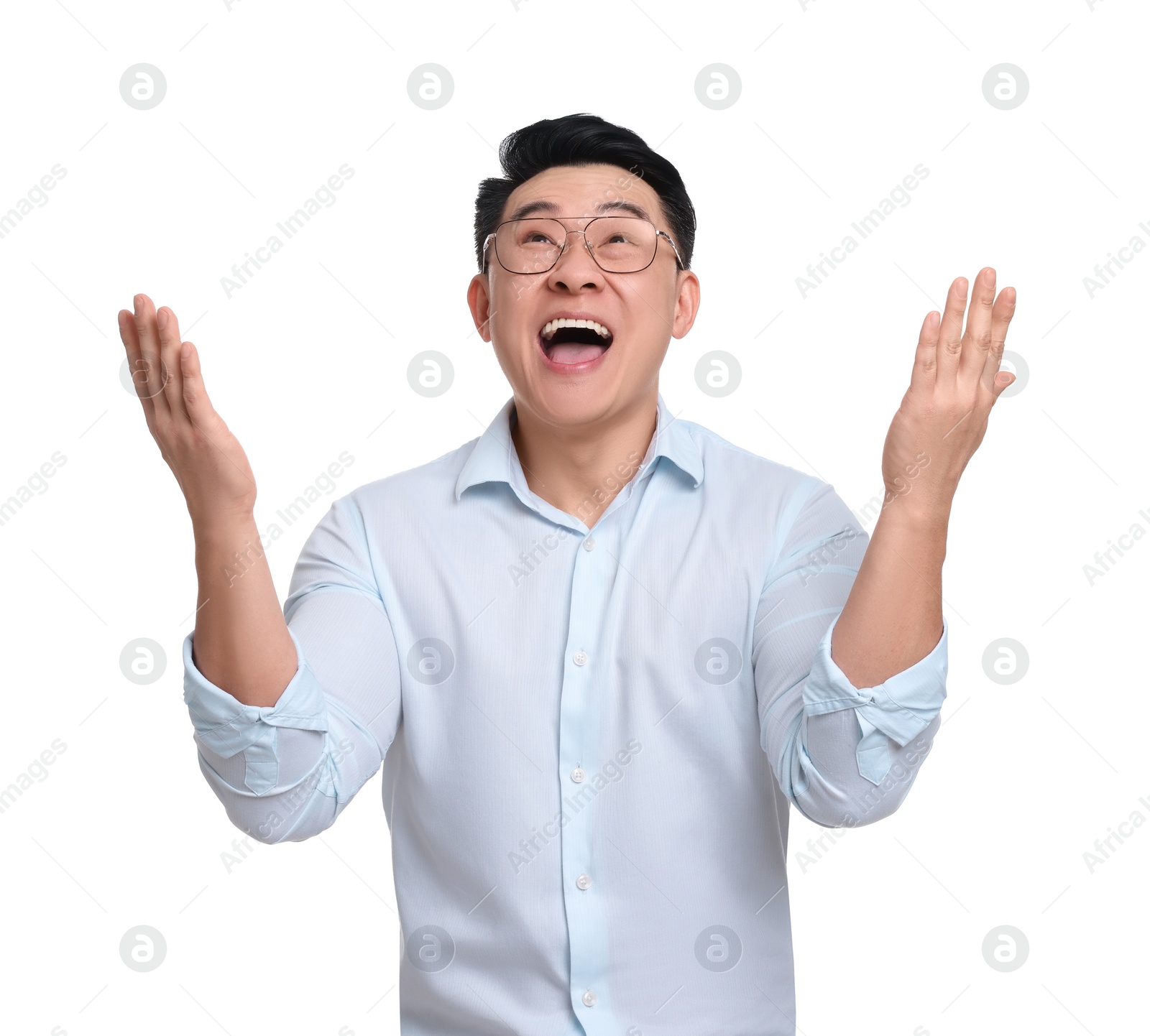 Photo of Emotional businessman in formal clothes posing on white background