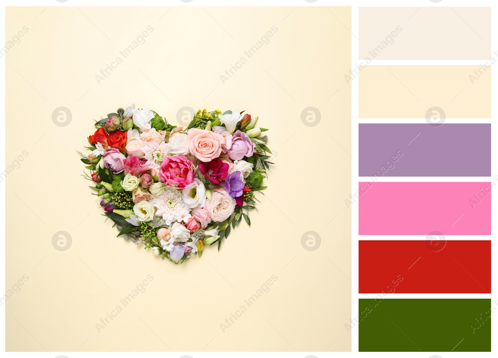 Image of Color palette and beautiful heart made of different flowers on yellow background, flat lay. Collage