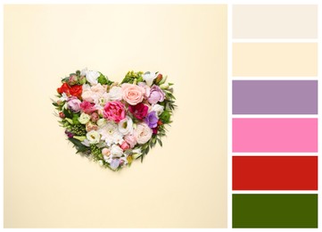 Image of Color palette and beautiful heart made of different flowers on yellow background, flat lay. Collage