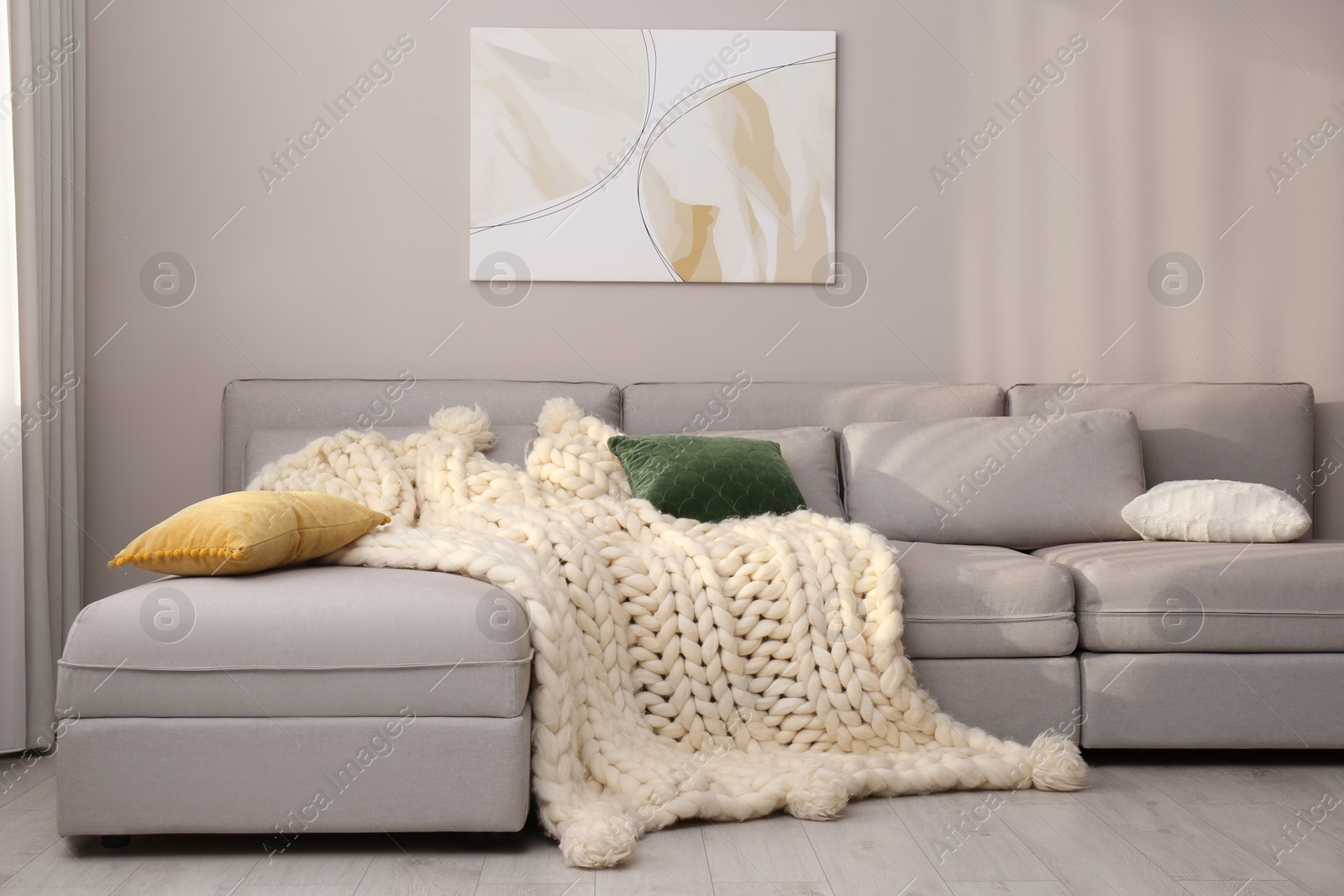 Photo of Living room interior with knitted merino wool blanket on sofa