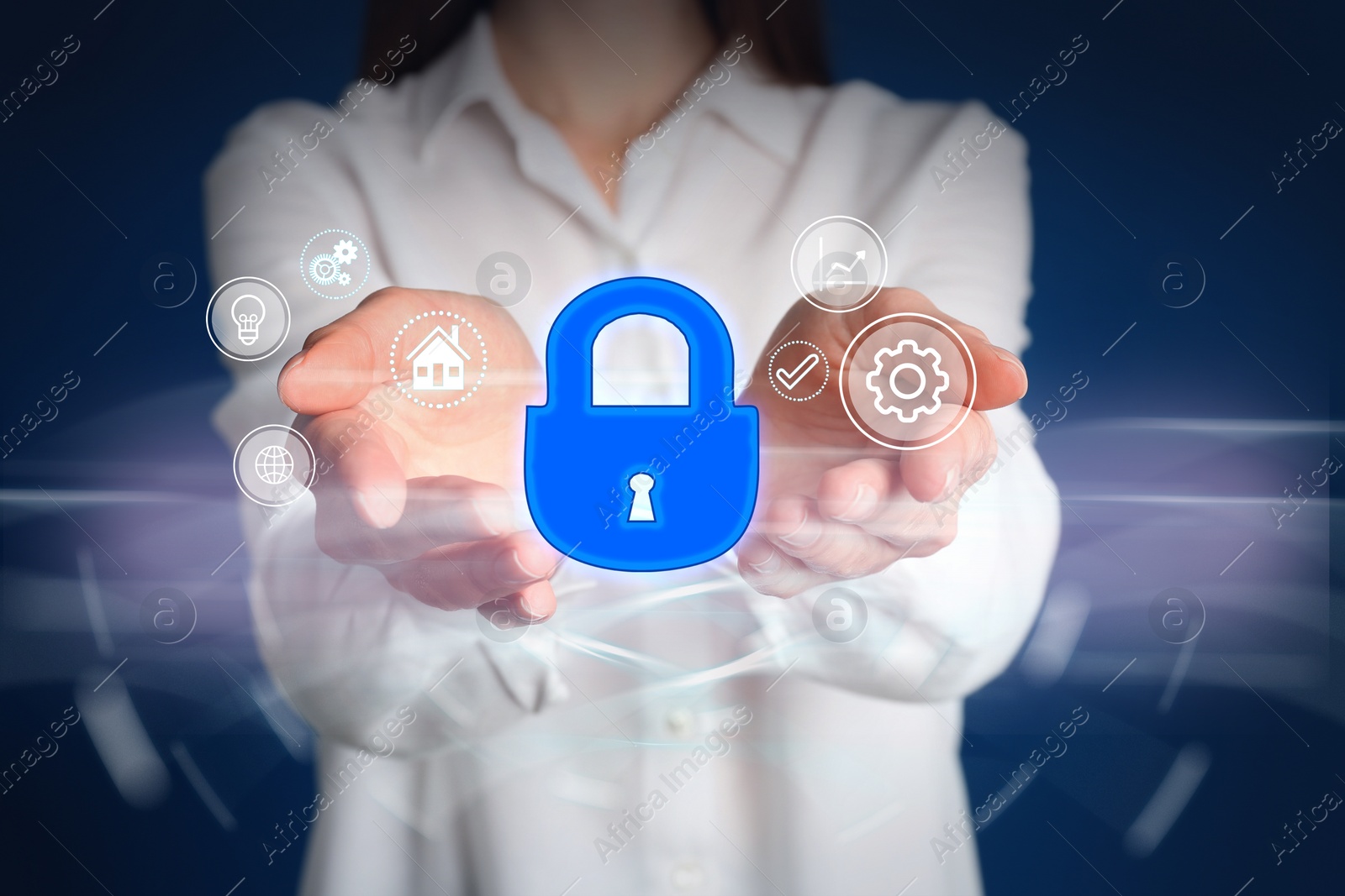 Image of Home security concept. Woman demonstrating digital lock on blue background, closeup