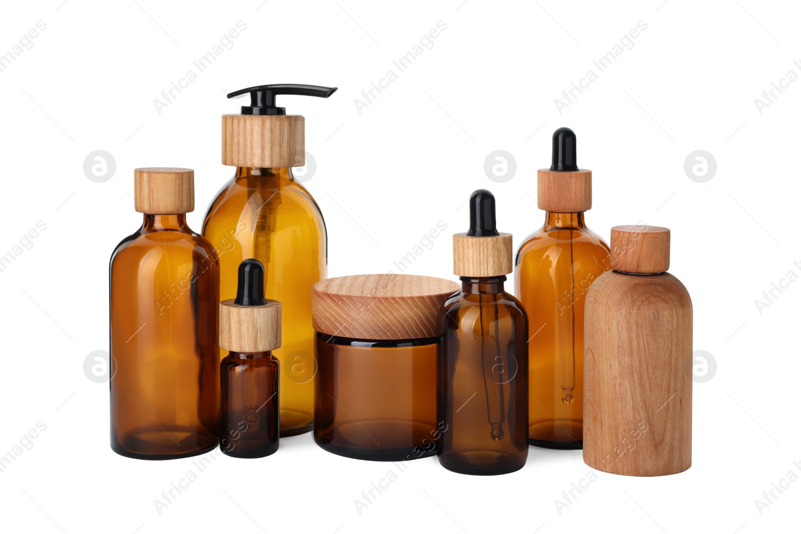 Photo of Set of stylish glass and wooden containers isolated on white