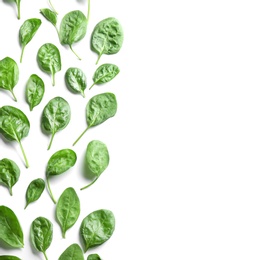 Photo of Fresh green healthy baby spinach leaves on white background, top view