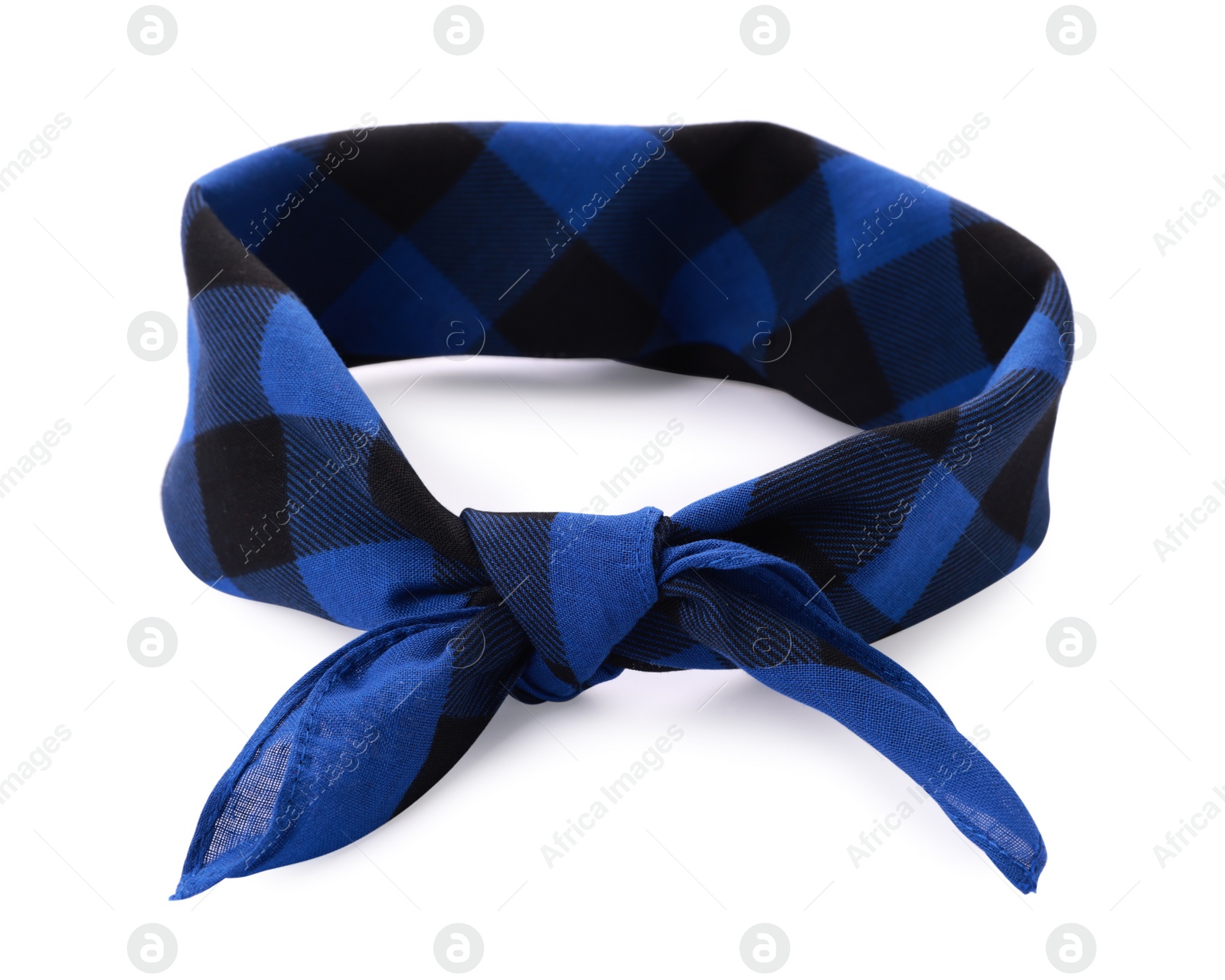 Photo of Tied blue bandana with check pattern isolated on white