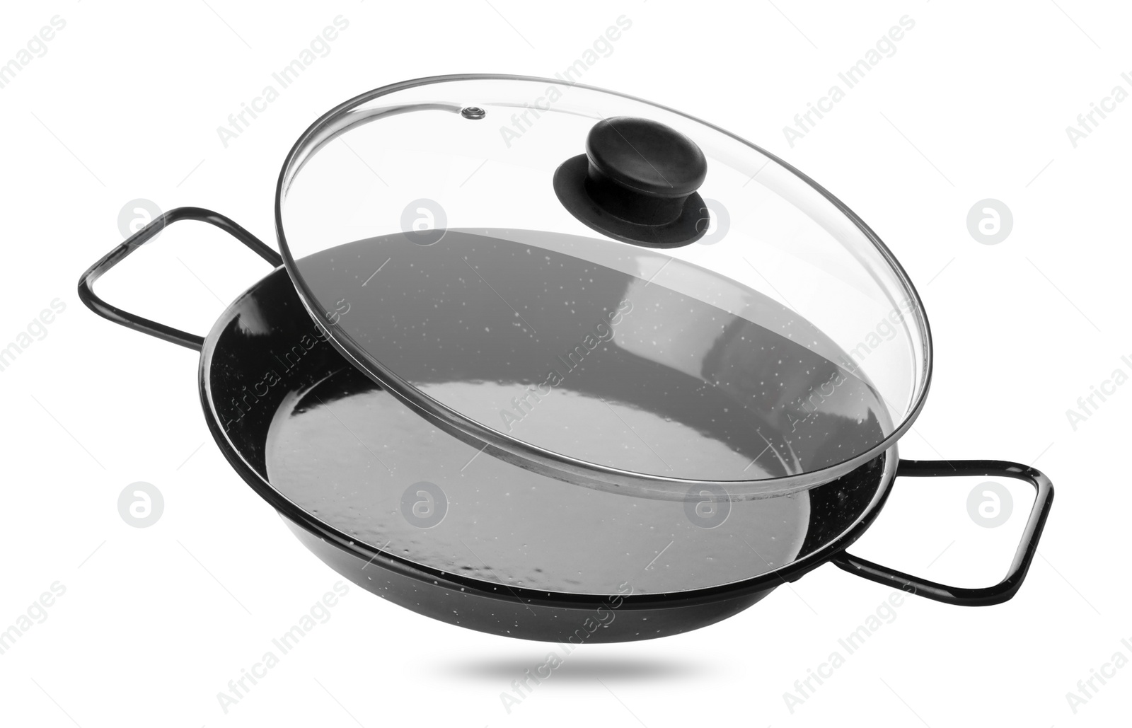 Image of New pan and glass lid on white background