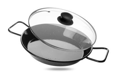 Image of New pan and glass lid on white background