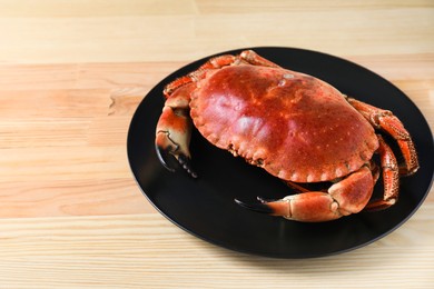 Photo of Delicious boiled crab on wooden table. Space for text