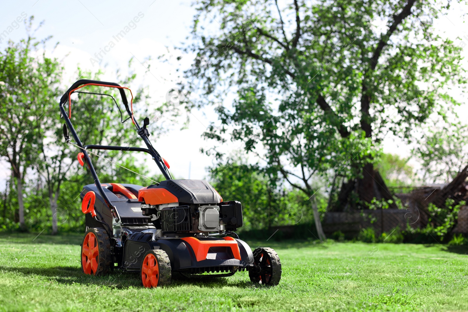 Photo of Modern lawn mower on green grass in garden