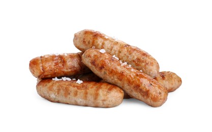 Photo of Tasty fresh grilled sausages with salt isolated on white