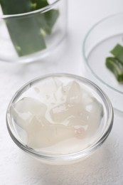 Aloe vera gel and slices of plant on white background, closeup