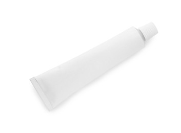 Photo of Blank tube of ointment isolated on white, top view
