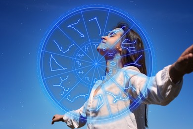 Image of Beautiful young woman outdoors and zodiac wheel illustration