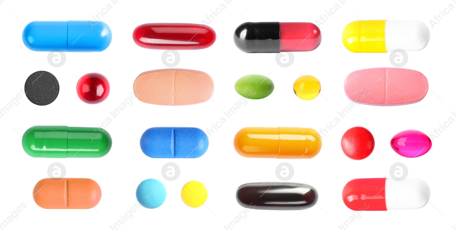 Image of Set with colorful pills on white background, top view. Banner design