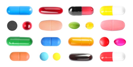 Image of Set with colorful pills on white background, top view. Banner design