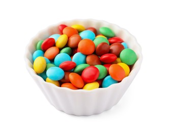 Photo of Bowl with colorful candies isolated on white