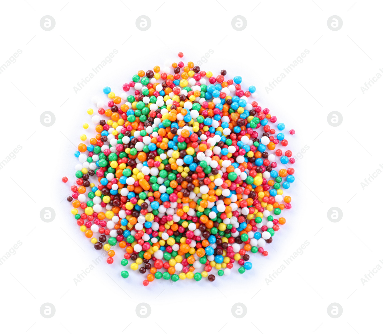 Photo of Colorful sprinkles on white background, top view. Confectionery decor